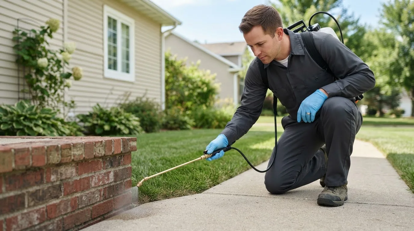 Pest control technician treating a home near Medicine Park, OK